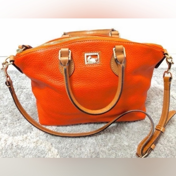 Dooney & Bourke Handbags - Dooney & Bourke Orange Pebbled Leather Crossbody Satchel with Tan Trim